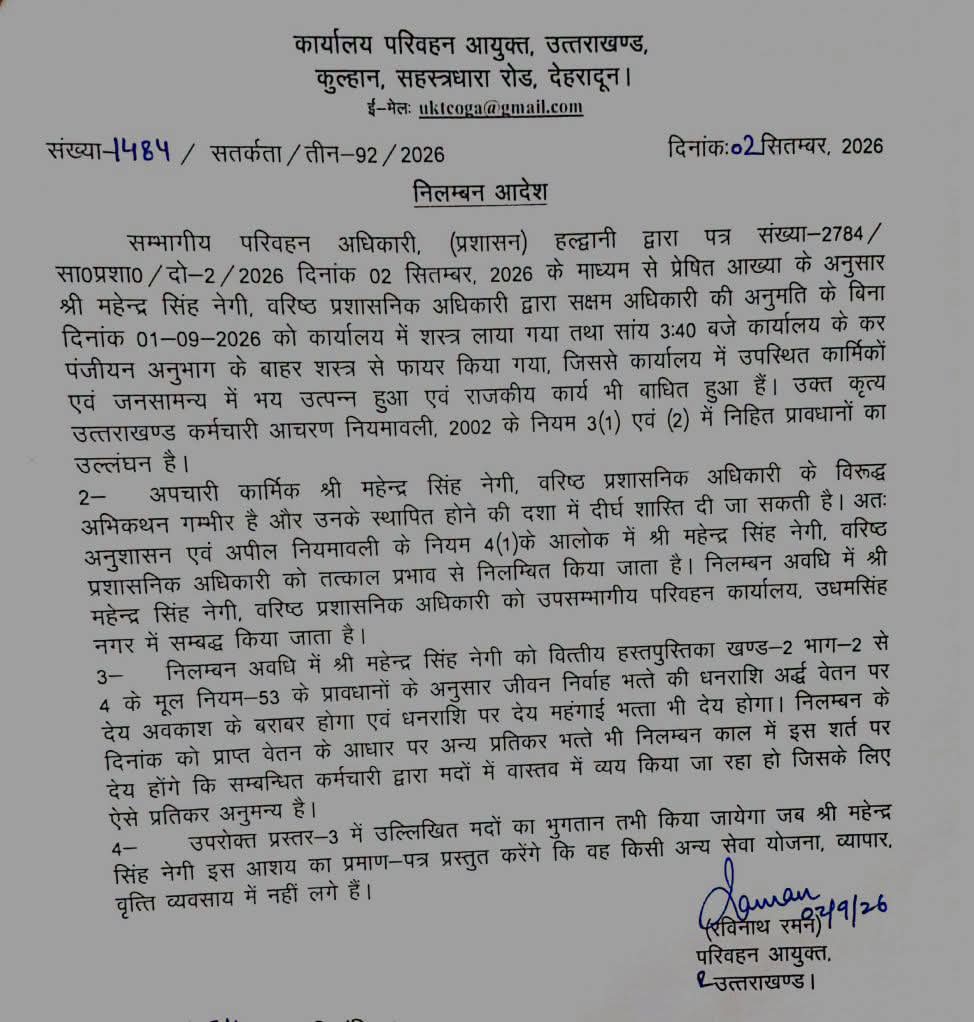 Uttarakhand: कार्यालय में हवाई फायरिंग करने वाले वरिष्ठ प्रशासनिक अधिकारी निलंबित