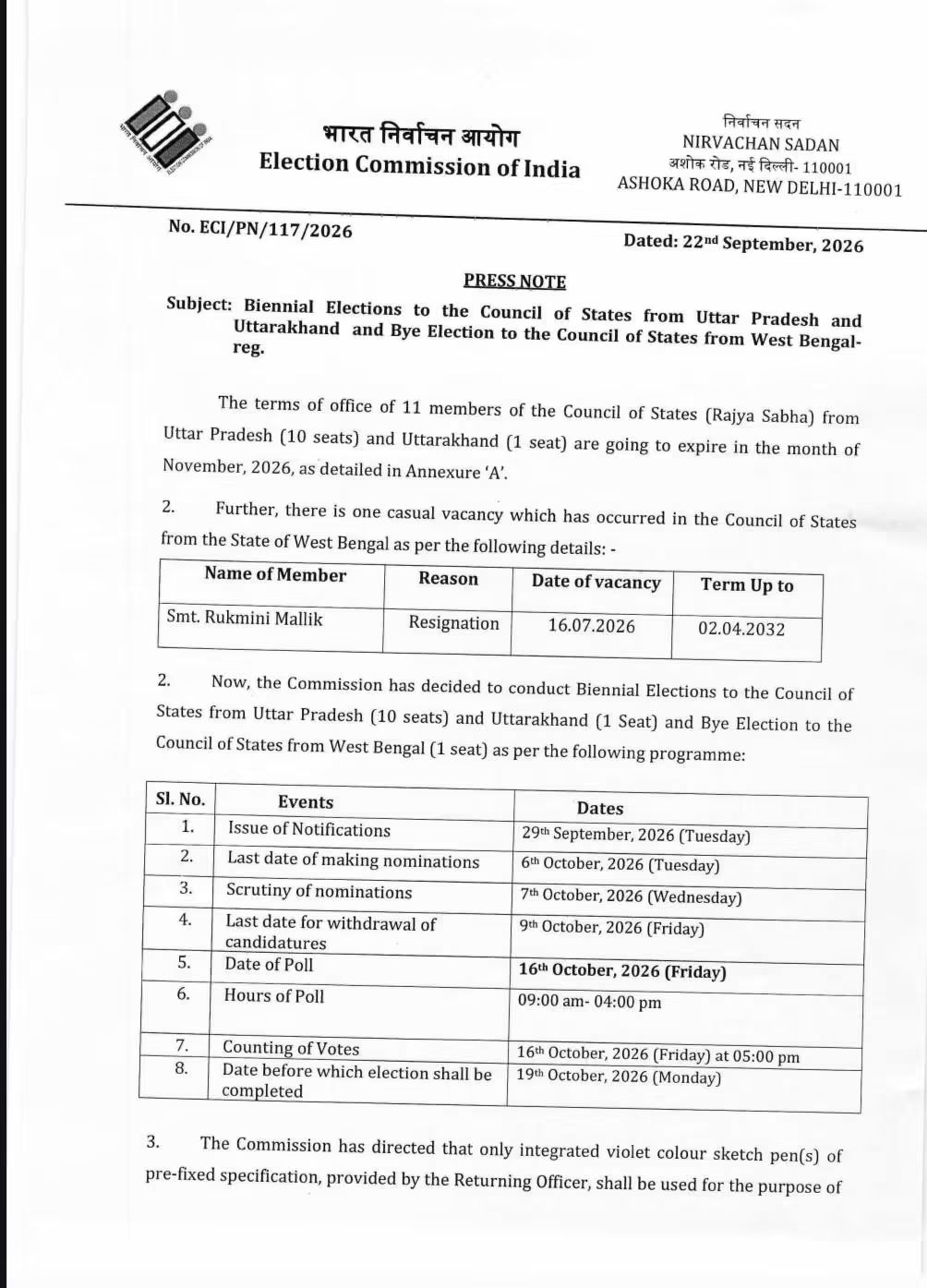 Uttarakhand:&nbsp; उत्तराखंड में राज्यसभा की एक सीट के लिए 16 अक्टूबर को मतदान