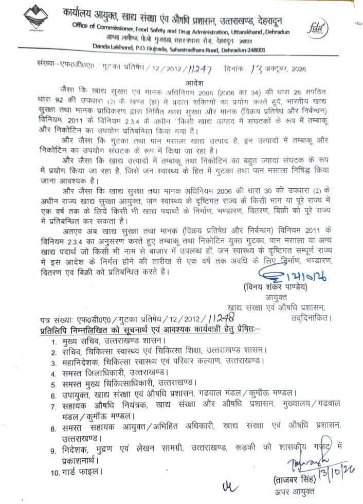 Uttarakhand: उत्तराखंड में गुटखा-पान मसाला और तंबाकू उत्पादों पर एक साल का प्रतिबंध